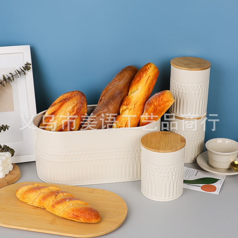 Caja de almacenamiento de pan de café de cuatro piezas con tapa de bambú de hierro galvanizado fan