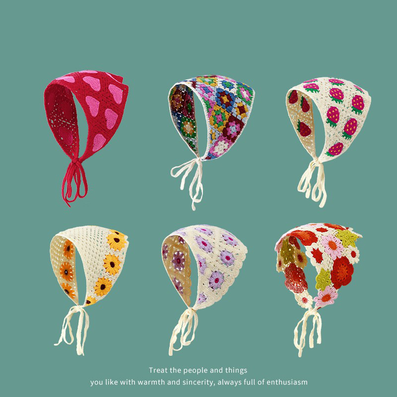 Francés vintage turbante mujer turbante triángulo de dopamina viaje dulce encantador gancho flores estilo de arte de punto de moda correa de pelo