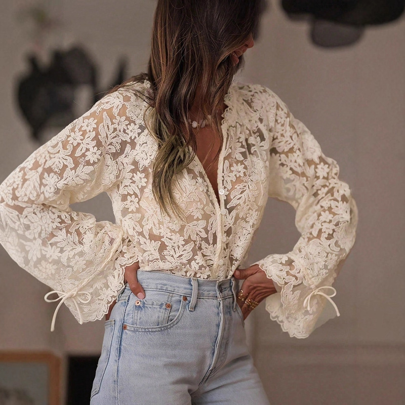 Cross-Border Women's Clothing 2025 Lace High-End Splicing New Style Elegant and Fashionable Translucent Embroidered Lace Top