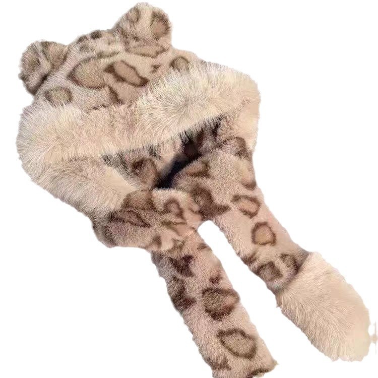 Invierno nuevo oso orejas gorra de peluche leopardo gorra bufandas sombrero de mujer en un espesor de protección de orejas caliente gorra Thunderfeng