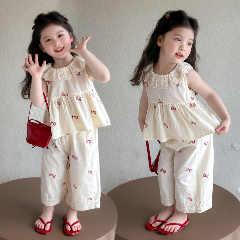 Summer Girls' Lace Collar Dress with Cropped Pants and Straight Pants Set Two-Piece Set with Heavy Embroidery and Bowknot for Girls