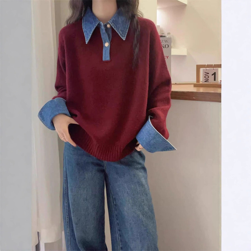 牛仔袖拼接假两件毛衣外套女2025秋冬新款宽松休闲针织衫长袖上衣|undefined