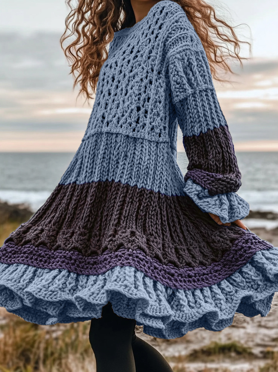Autumn/Winter High-Neck Dress Sweater With Vintage Braided Sleeves And Long Sleeves For Women_ecoleips.com