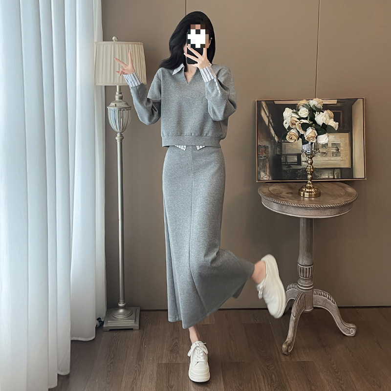 2025秋季通勤风时尚套装女装韩版气质灰色假两件上衣半身裙两件套|undefined