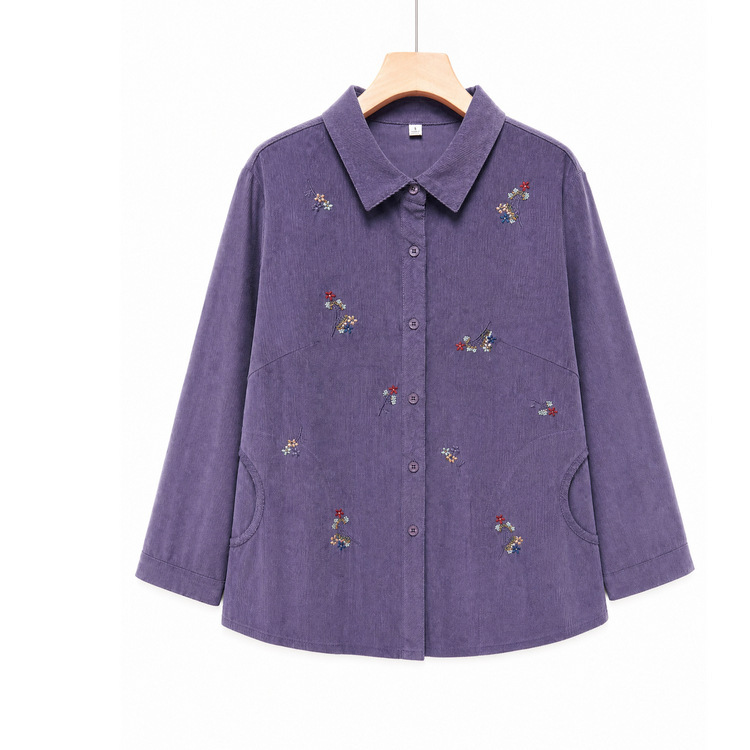 Middle-aged and elderly women's spring and autumn long-sleeve shirts, pure cotton mother's clothing, corduroy embroidered shirts, elderly women's jackets