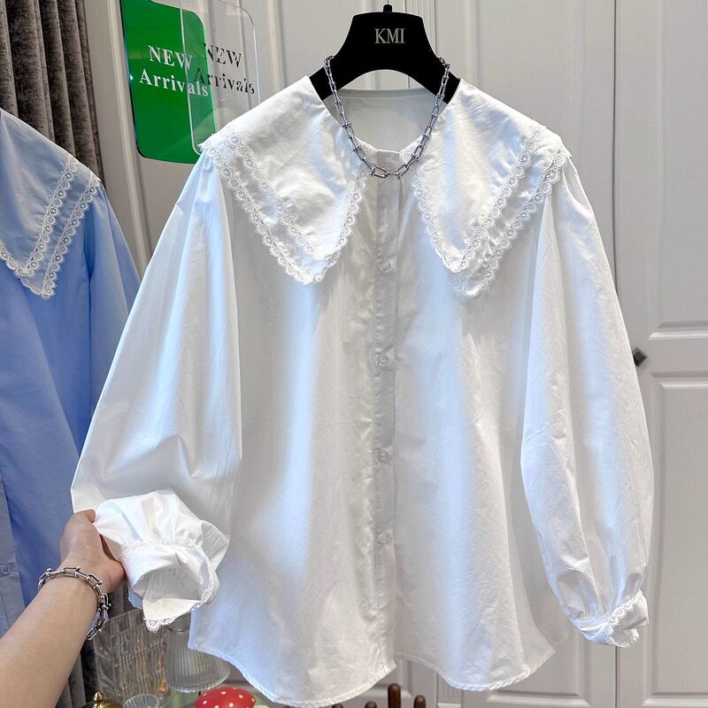New French Doll Collar Long-Sleeved Shirt for Women with Lace Cuffs New Shirt Loose Top Sweet Age-Reducing Blue New French Doll Collar Long-Sleeved Shirt for Women with Lace Cuffs New Shirt Loose Top Sweet Age-Reducing Blue