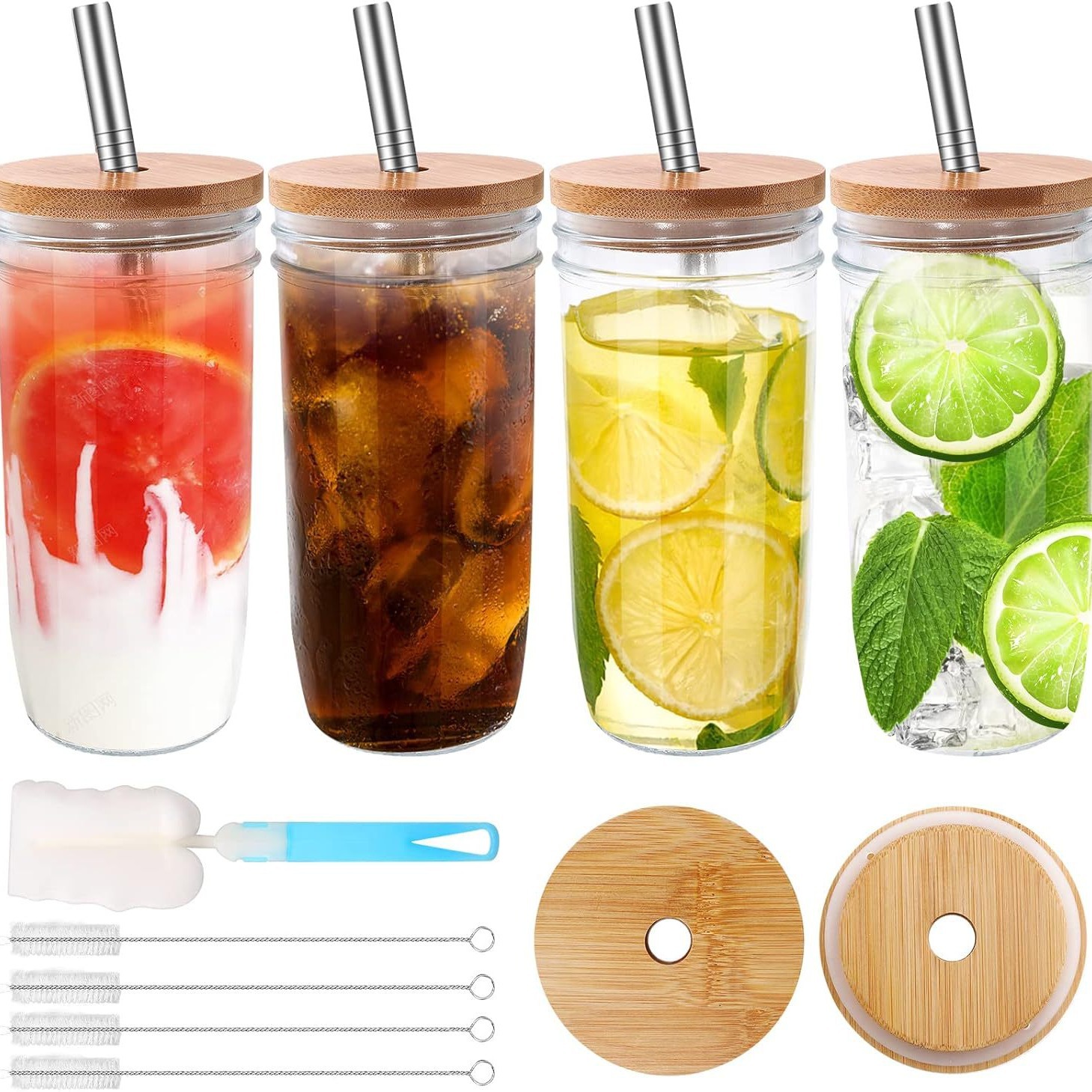 亚马逊24oz光面梅森杯玻璃瓶沙拉饮料瓶730ml竹木盖果汁玻璃杯子