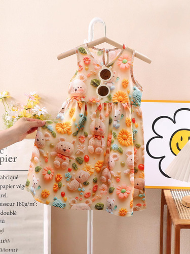 Girls 'dress Summer 5D printed sleeveless strap dress Girls' dress Feminine simple dress Princess dress