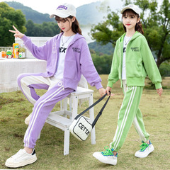 女童秋季套裝2024新款兒童休閒連帽春裝中大童洋氣女該運動兩件套