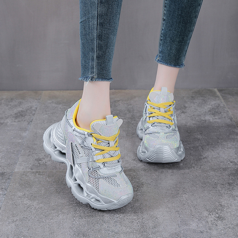 Giày sneaker nữ chunky đế dày da phối đá mesh thoáng khí — màu hồng