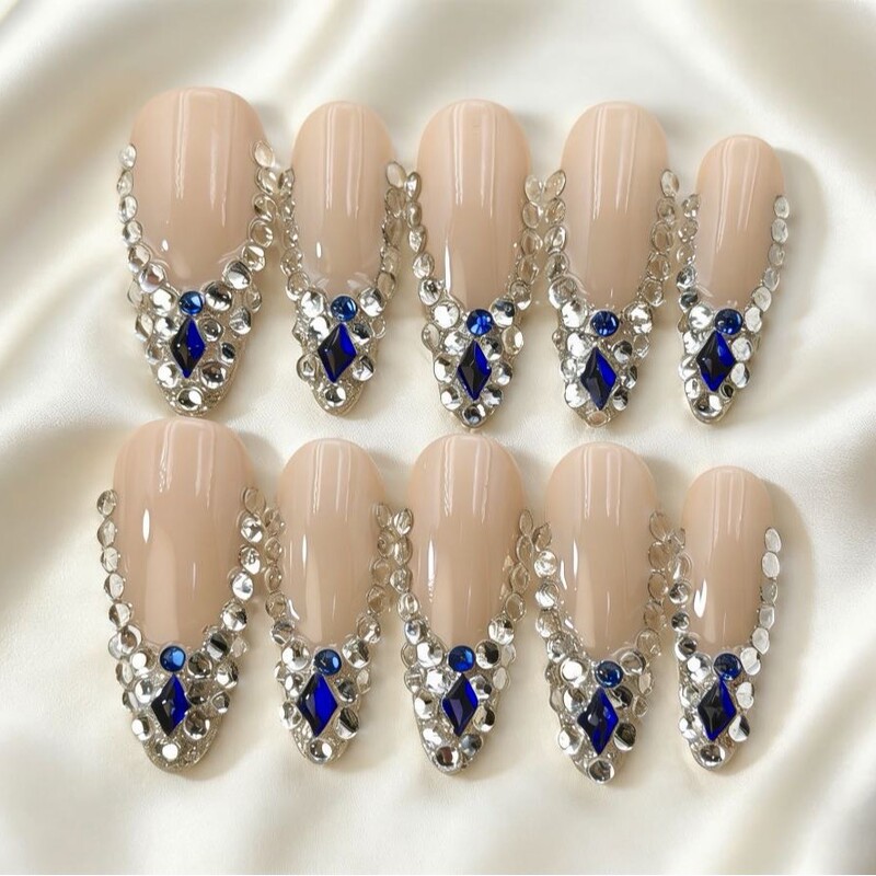 Cross-Border Light Luxury Rhinestone Nail Art, Nude Base Color with White Rhinestones Paired with Sapphire Blue Diamond-Shaped Rhinestones, Almond-Shaped Long Style, Popular Overseas Item