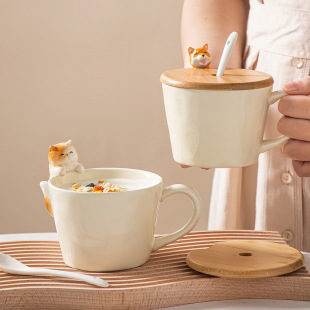 Korean Style ins Style Cartoon Ceramic with Lid Creative Cute Household Mug Coffee Cup Water Cup High Color Value Gift