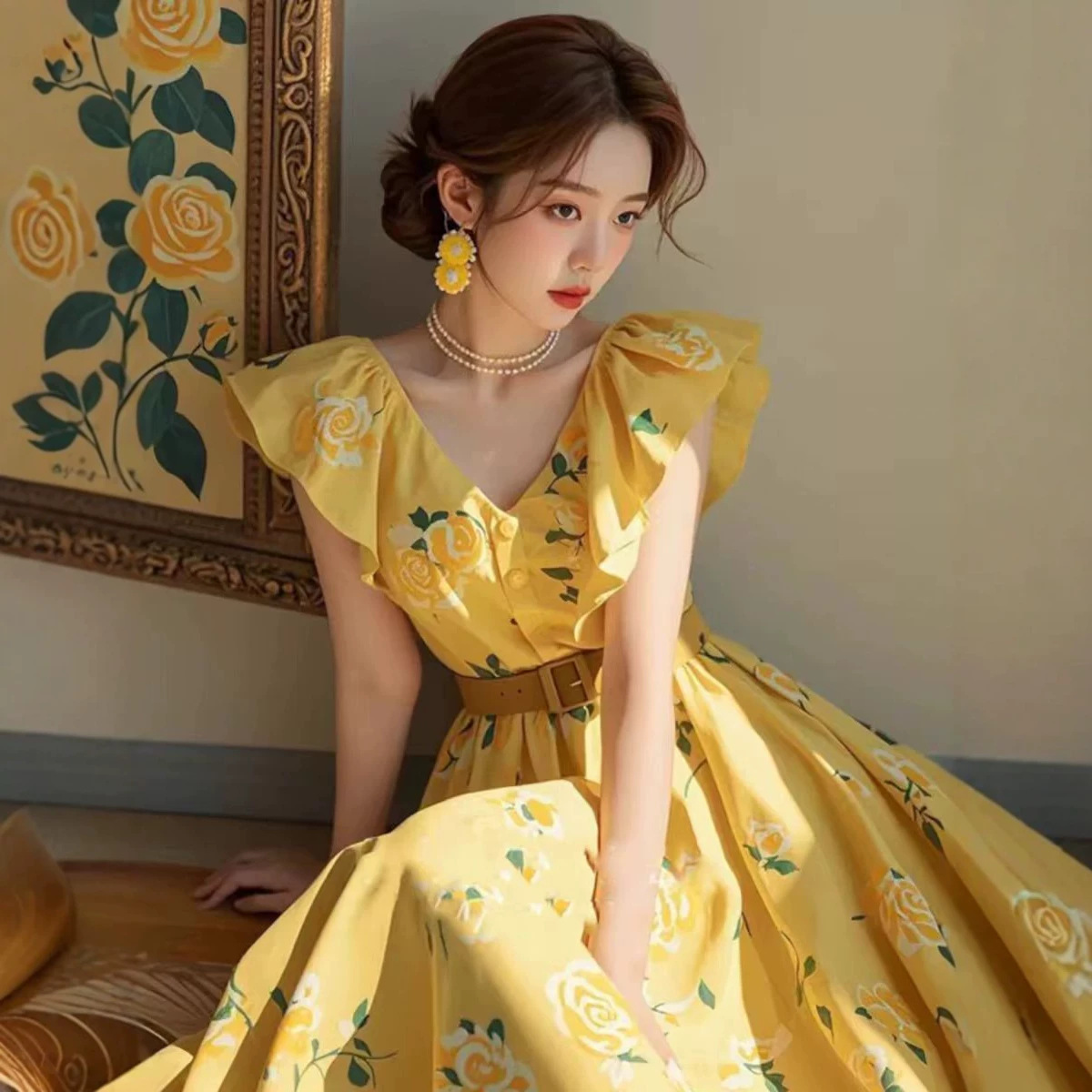 Đầm suông midi hoa hồng vàng tay phồng kiểu Pháp — màu vàng chi tiết 1