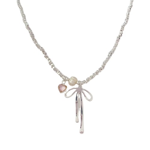Broken silver metal bow love pearl necklace women's niche design personality versatile high-grade neck chain clavicle chain
