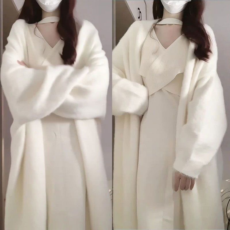 秋冬季新款小个子茶系穿搭中长款白色水貂针织衣连衣裙两件套装女