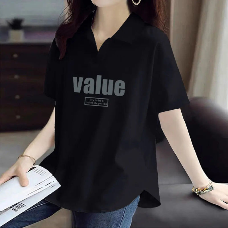 92% 綿POLO襟女装大サイズ半袖tシャツ女性ファッション夏カジュアルファッションゆるい太ったmm痩せた襟|undefined