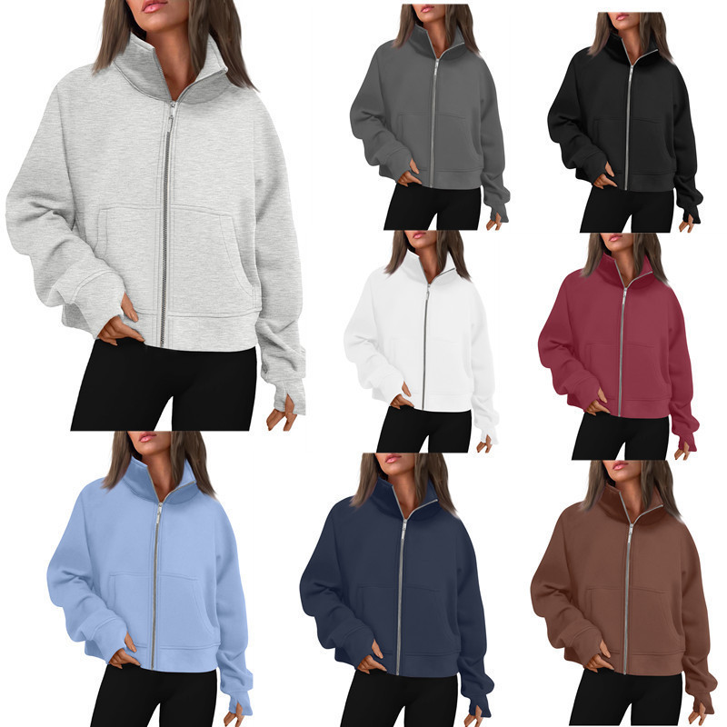 2023 European and American Foreign trade cross-border women's clothing Amazon popular long zipper short stand collar thumb hole fleece-lined sweater 2023 European and American Foreign trade cross-border women's clothing Amazon popular long zipper short stand collar thumb hole fleece-lined sweater