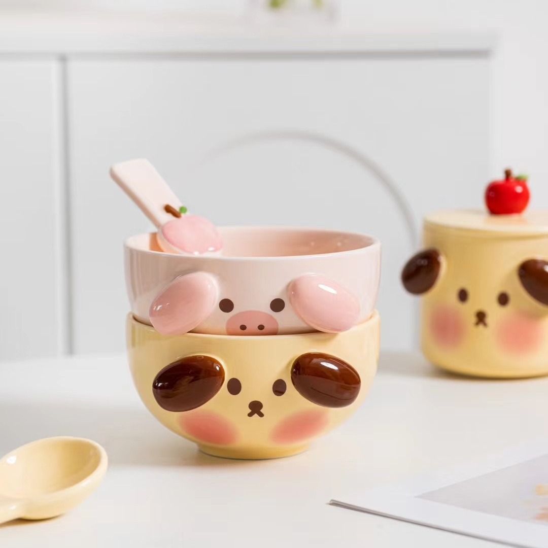 Cuenco de cerámica lindo creativo del perrito rosado del cerdo con la cuchara vajilla de la celebridad de Internet de la historieta