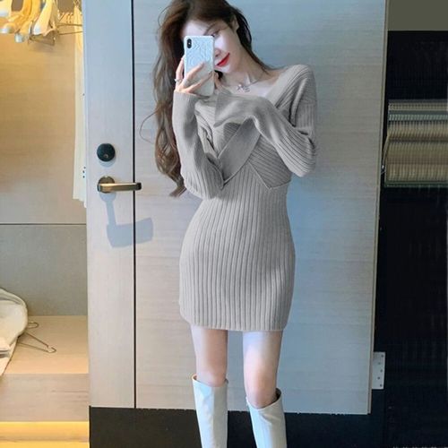 Elegant Autumn Sister Style High-End Women's Cold Atmosphere Bodycon Skirt Tight Knit V-Neck Dress