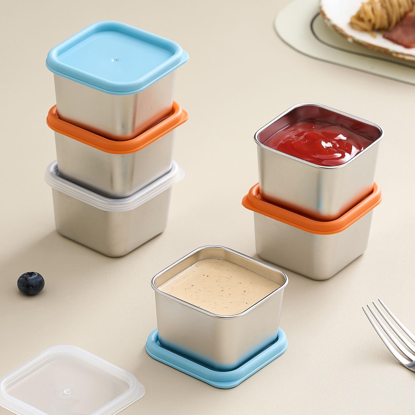 Portable Dispensing Box 304 Stainless Steel Sauce Dish Small Capacity Sauce Cup with Lid Leak-Proof Storage Mini Preservation Box