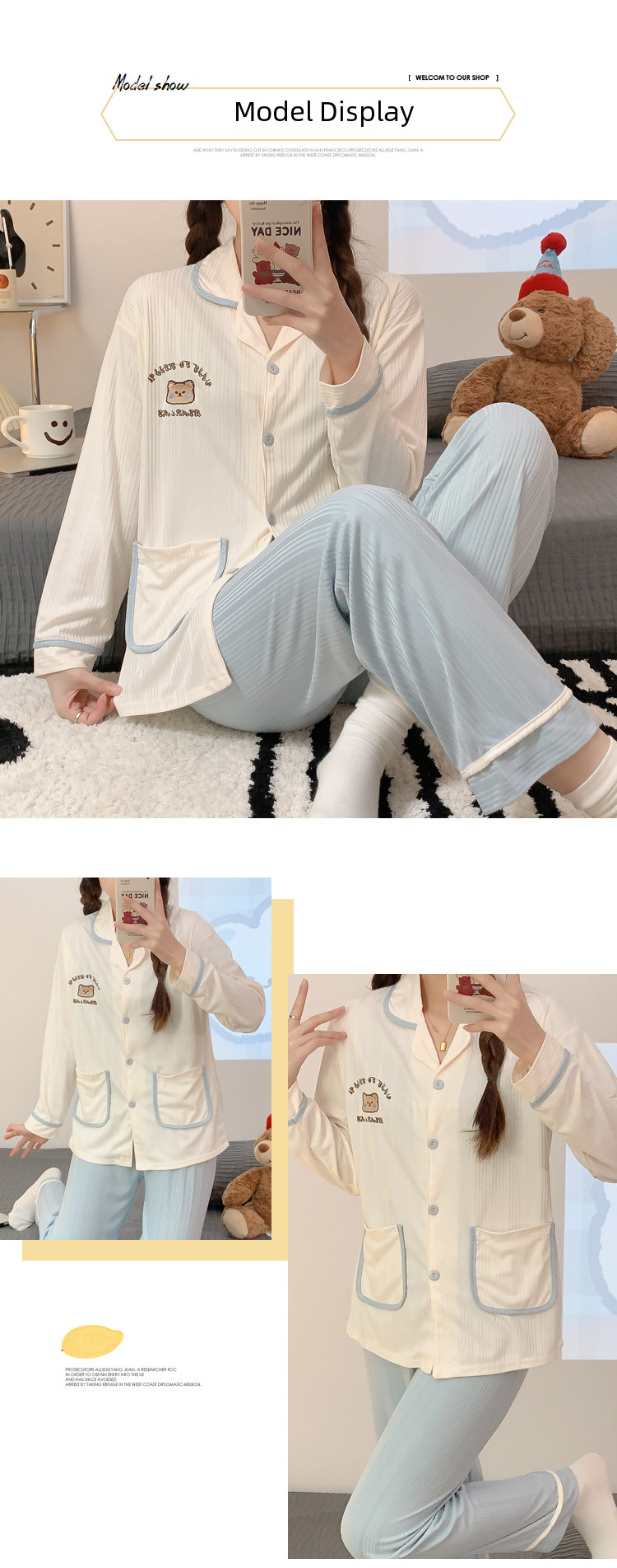 Sweet cartoon embroidered bear girl sweet spring and autumn long-sleeved trousers cardigan milk silk pit foreign trade suit_voghion.com