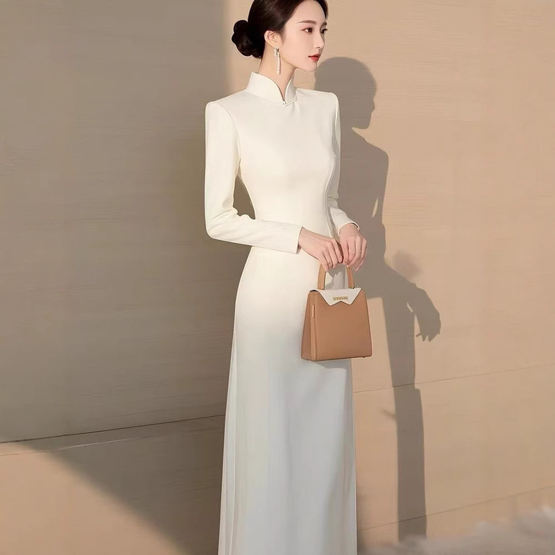 Spring and Autumn Formal Occasion High-end Exquisite Temperament Goddess Fan High-end Sense New Chinese Style National Style White Buckle dress
