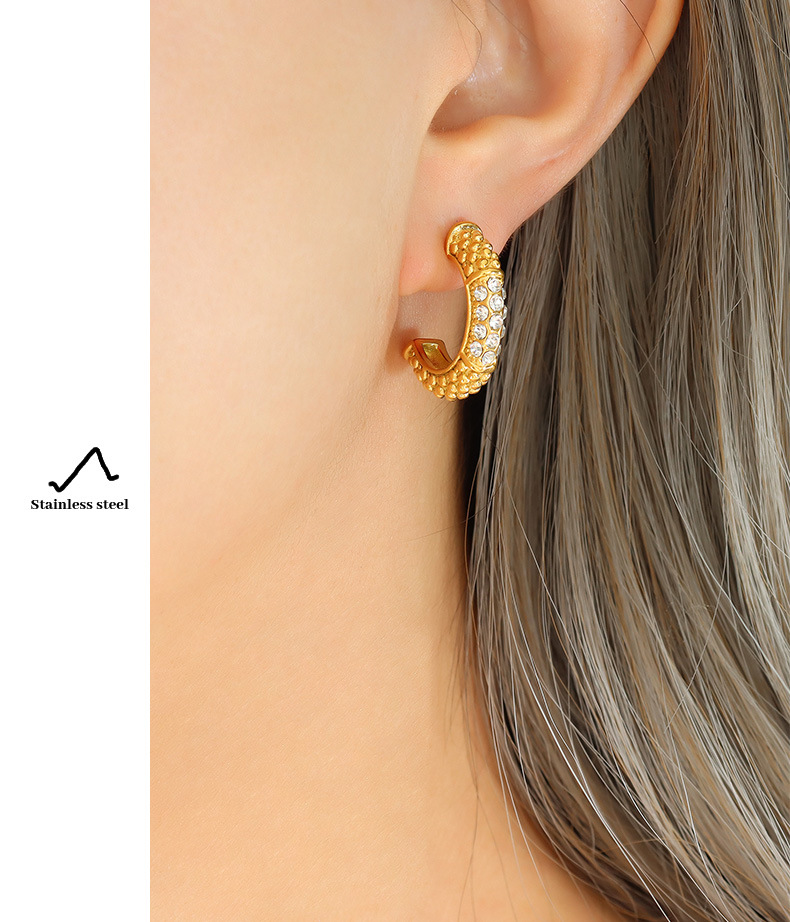 Elegant C Shape Titanium Steel Plating Zircon Earrings 1 Pair