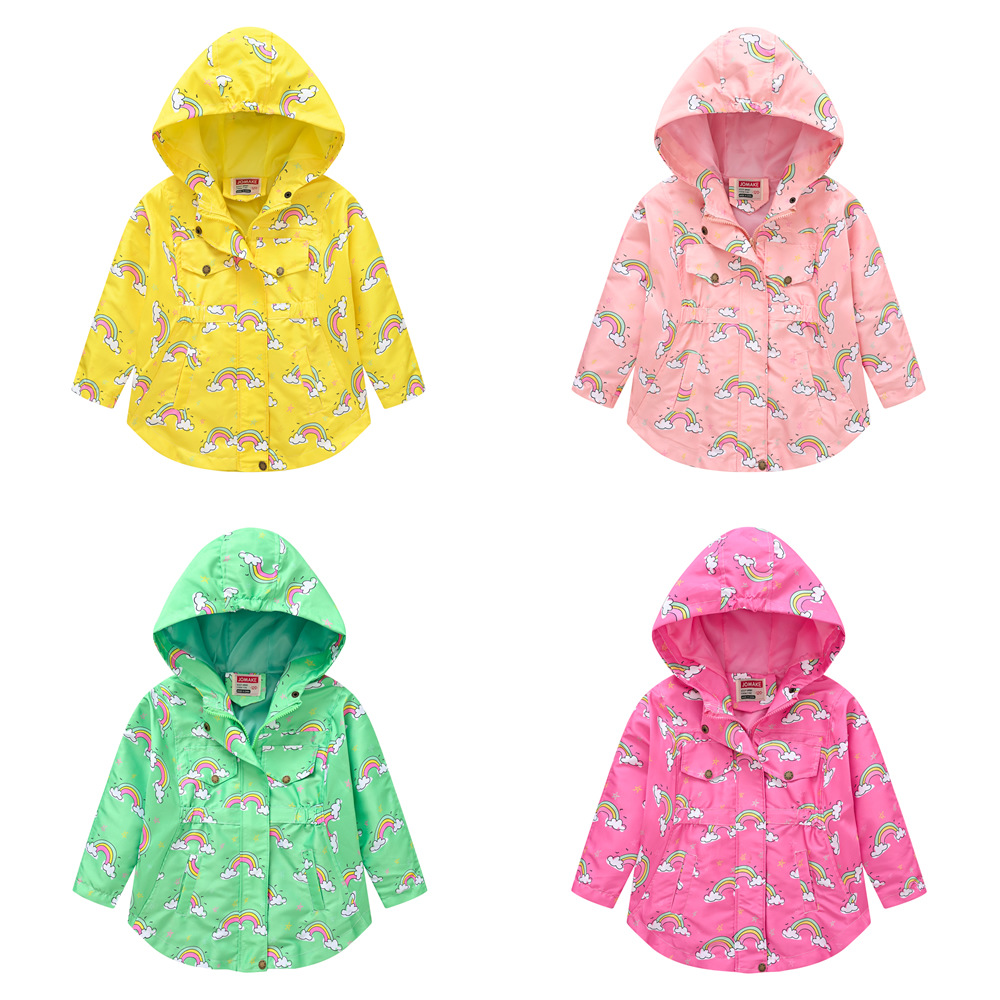 春秋童裝歐美新款外套女童卡通彩虹連帽風衣中大童外出夾克拉鏈衫