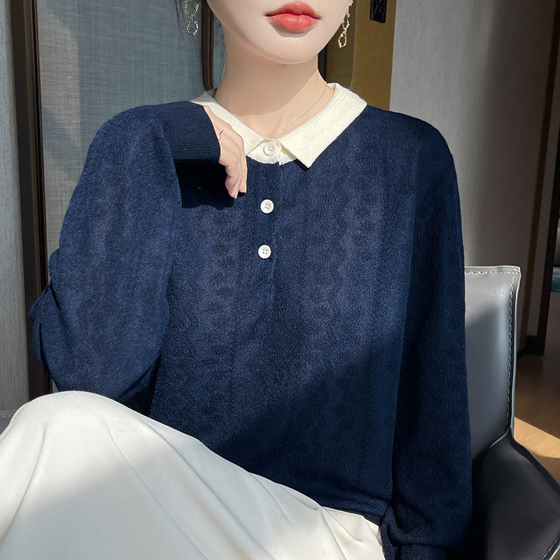 欧货polo领撞色欧根纱针织衫上衣女秋季新款时尚小众别致短款毛衣|undefined