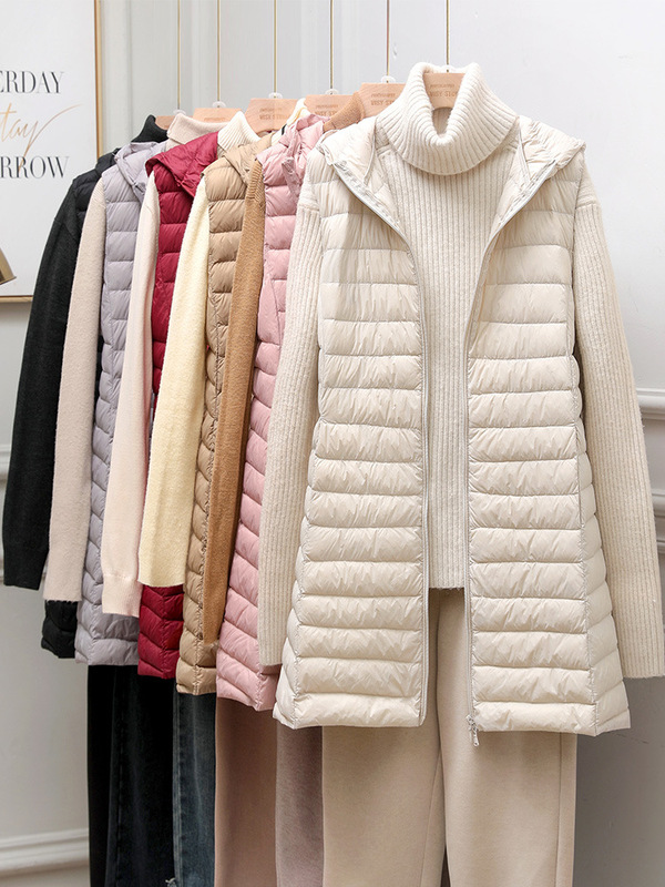 Cross-Border Autumn and Winter Hooded Lightweight down Vest for Women, Mid-Length Slim Fit Plus Size Sports down Jacket Inner Vest