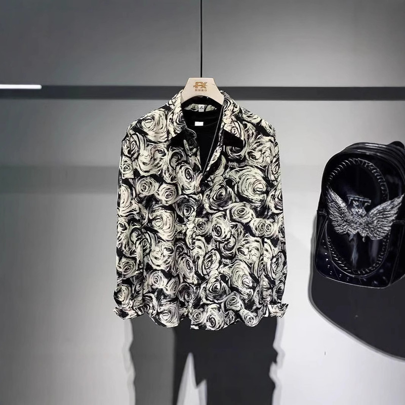Hong Kong Style Men's Long Sleeve Lapel Floral Shirt 2025 Spring and Autumn New Fashionable Personalized Casual Shirt for Young People