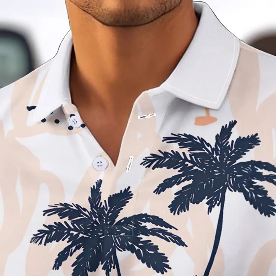 Vacaciones casuales para hombres malla suelta transpirable manga larga botón cuello POLO camisa venta caliente playa cocotero impresión 3D