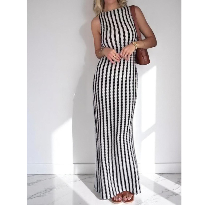 Amazon Aliexpress Cross-Border New Round Neck Striped Knitted Dress Bare Back Sleeveless Seaside Resort Style Long Dress