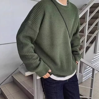 批发时尚条纹撞色圆领毛衣男款秋冬季新款休闲百搭针织衫上衣潮