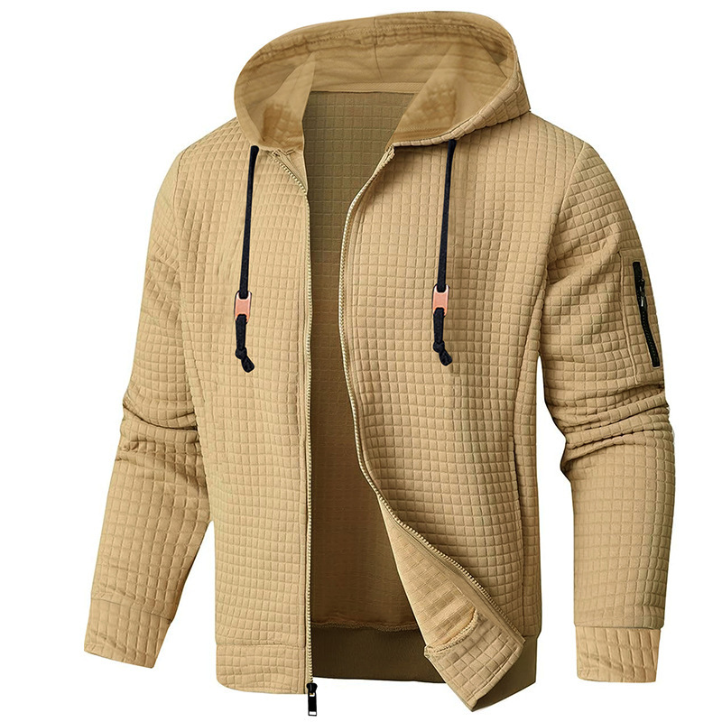 2024 Cross-border European and American Men's Lightweight Hooded Sweatshirt Full Zip Waffle Sweatshirt Casual Jacket Coat