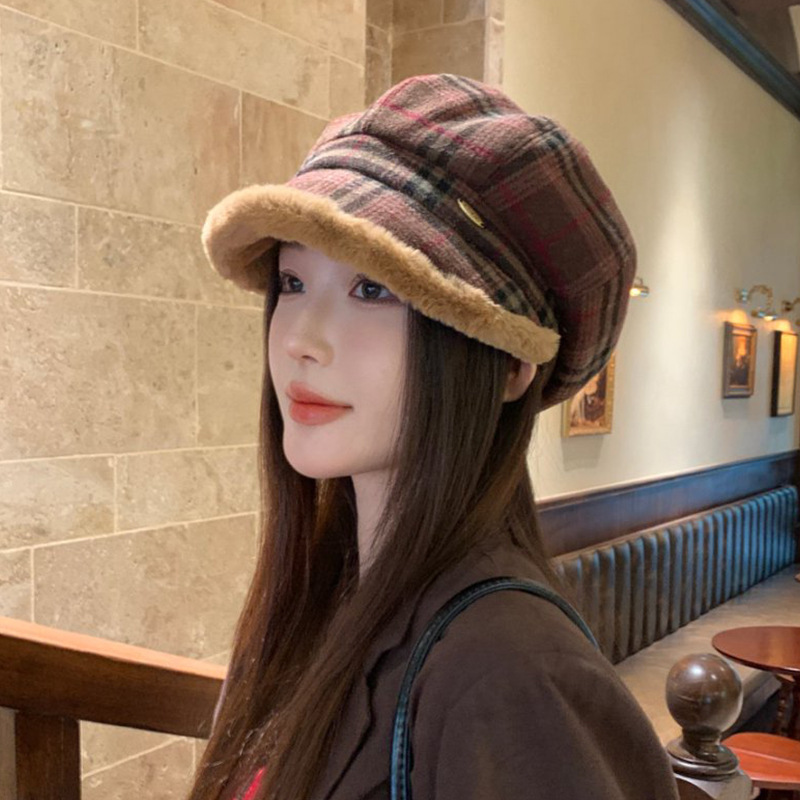 复古格子毛绒八角帽子女秋冬季文艺百搭保暖八角帽显脸小渔夫帽子|undefined