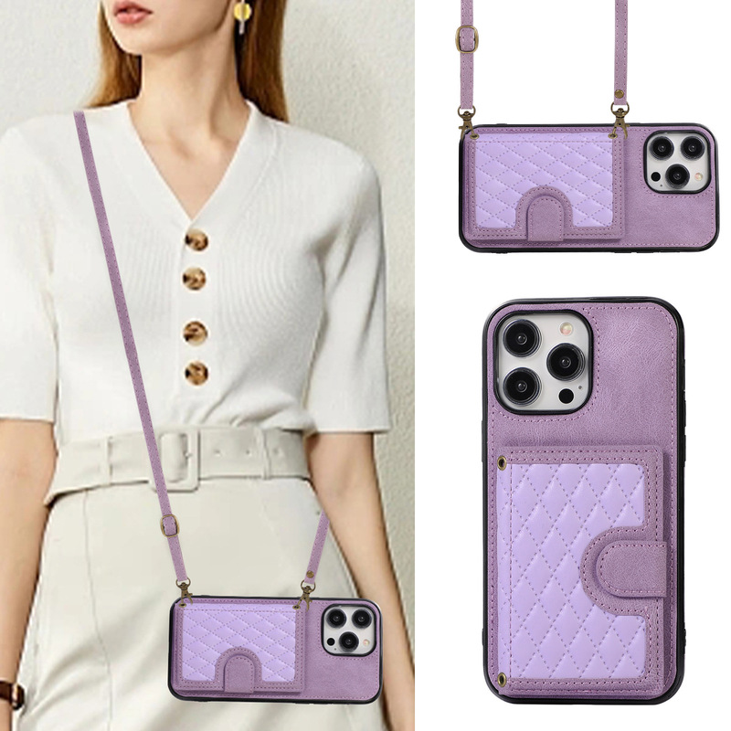 For iphone15 Lingge Crossbody Card Case Phone Case 14pro Wallet Phone Case Women's Strap Case 12pro