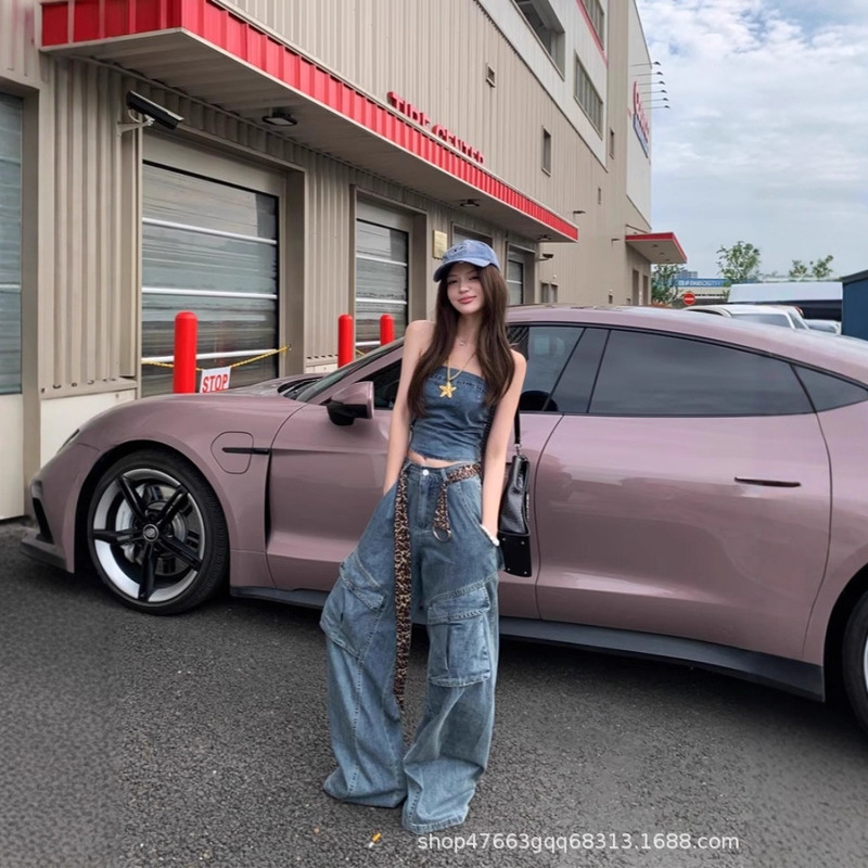 American-Style Spicy Girl Style 2025 Summer Denim Set Tube Top Multi-Pocket Cargo Pants Straight Wide-Leg Pants Two-Piece Set for Women American-Style Spicy Girl Style 2025 Summer Denim Set Tube Top Multi-Pocket Cargo Pants Straight Wide-Leg Pants Two-Piece Set for Women
