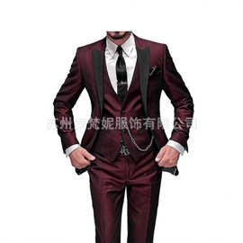 新款男士三件套套装西服黑色翻领拼色西服宴会聚会西装新郎伴郎服