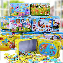 廠家直銷60片鐵盒木質拼圖動漫卡通平面拼圖拼版兒童早教益智玩具