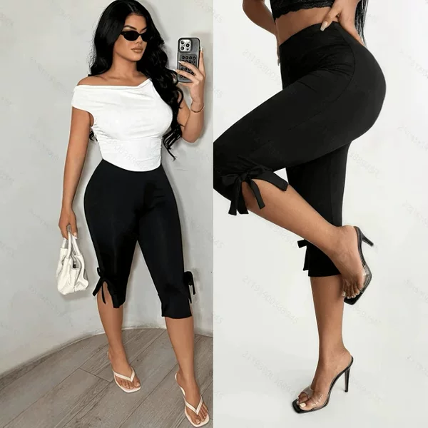 2026 Cross-Border European and American Casual Sports Fitness Cropped Pants for Women with Bow Decoration and Patchwork Slim-Fit Casual Pants