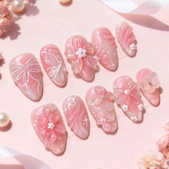 30片跨境粉色蝴蝶结穿戴甲甲片3D立体花朵爱心手工点钻杏仁美甲片