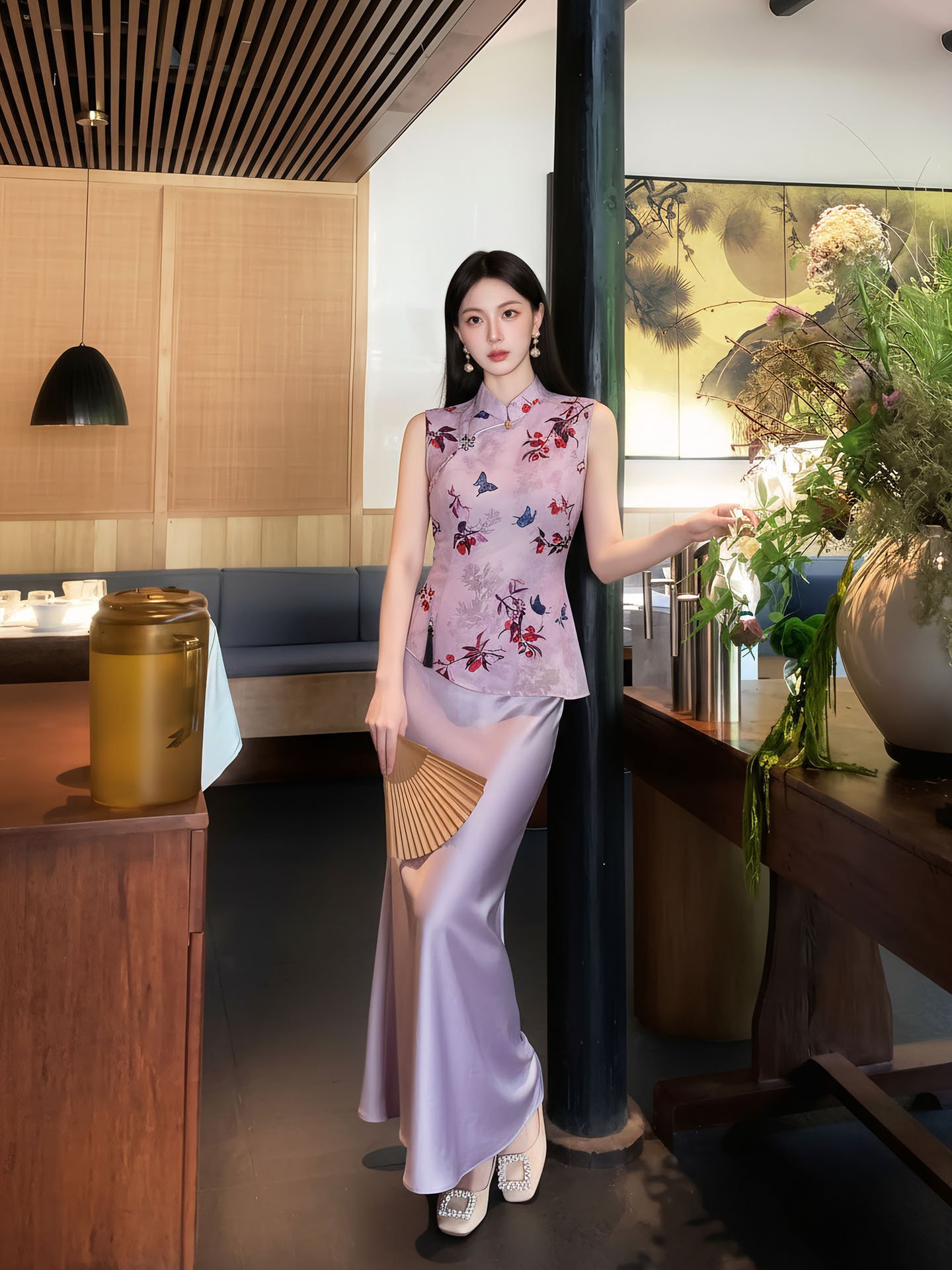 Áo gile nữ cổ đứng không tay họa tiết thêu hoa văn quốc phong — màu tím