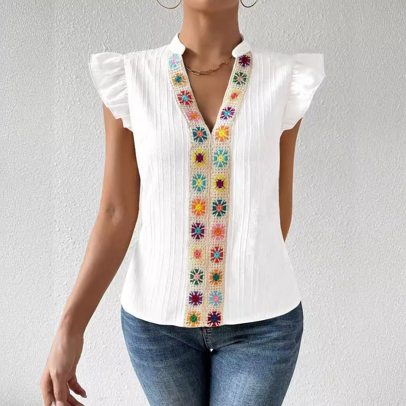 Casual European and American Style Women's Floral Hand-Crocheted Floral Collage Random Color V Neck Cap-Sleeved Shirt Cross-Border Overseas Hot Model