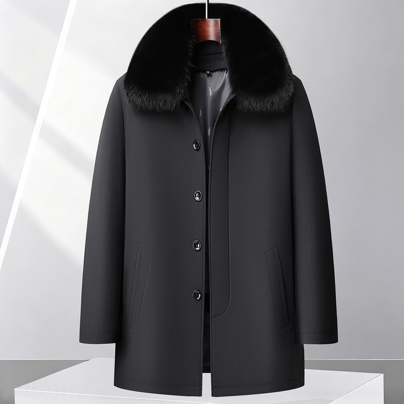 Winter men's parka jacket for middle-aged and elderly with fox fur collar, golden lining, mid-length parka coat Winter men's parka jacket for middle-aged and elderly with fox fur collar, golden lining, mid-length parka coat