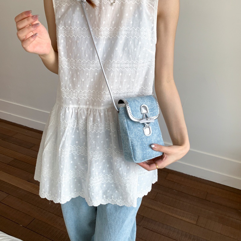 Bolso de teléfono móvil de moda coreana 2025 verano nuevo bolso femenino Gypsophila bolso de hombro con diamantes bolso de mensajero de mezclilla de estilo occidental