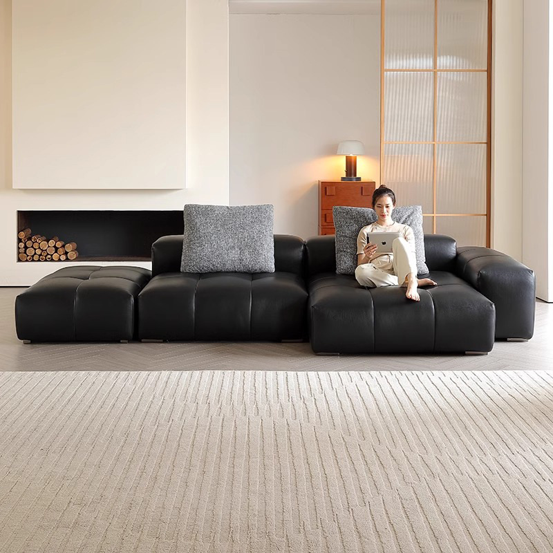 Sofá de píxeles minimalista italiano módulo de tofu diseño original de cuero completo villa sala de estar sofá de cuero en línea recta