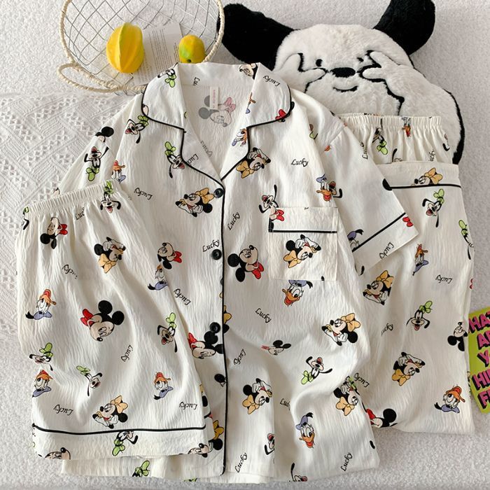 Verano nuevo estilo pijama mujer nube algodón 120g solapa cárdigan pantalones cortos de manga corta pantalones de tres piezas lindo servicio a domicilio
