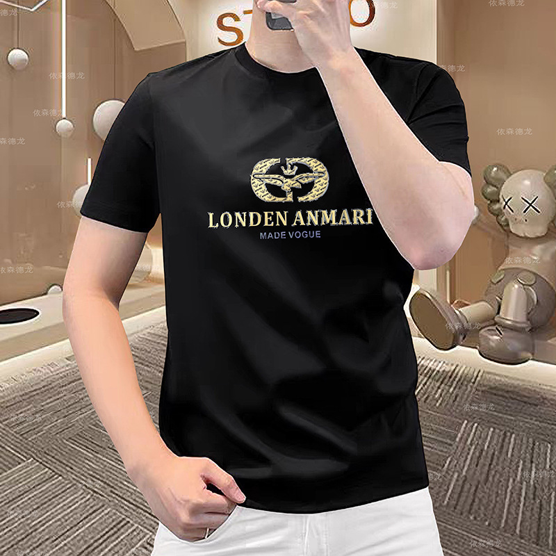 2025 mercerized cotton summer short sleeve men's handsome letter t-shirt round neck light luxury new fashion slim trend