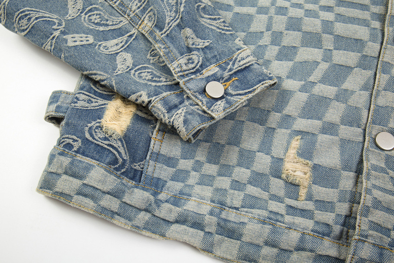 Abbigliamento maschile, marchio di moda di alta moda, giacca in denim con patchwork di fiori di anacardi strappati_voghion.com